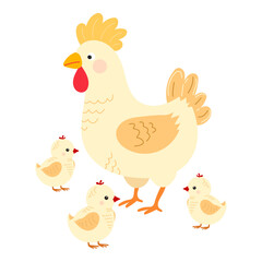 Charming mother hen with her three chicks on white isolated background.Vector animal illustration  in funny farm cartoon character style. For characters of children's books, comics, postcards.