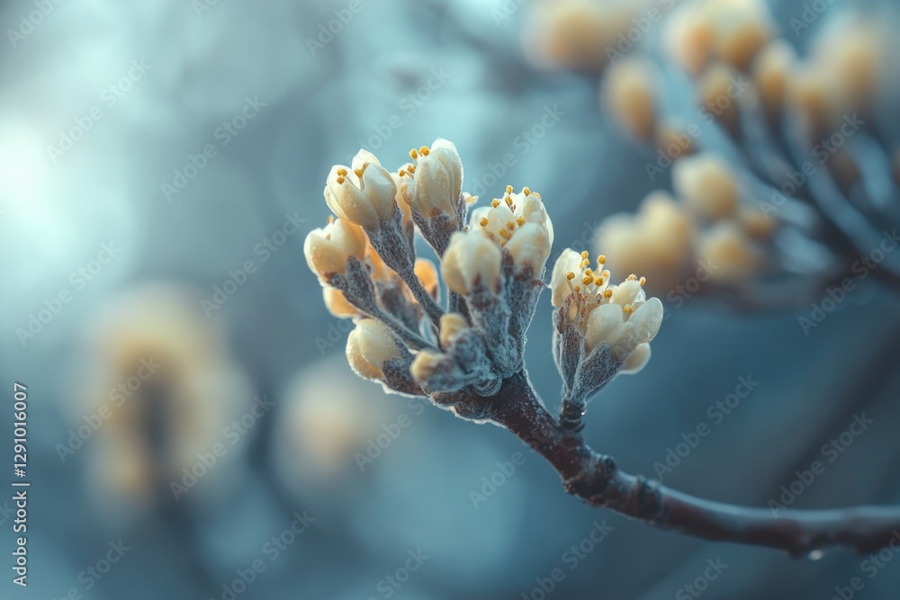 Poster a close-up shot of a flower budding on a tree branch, ready to bloom