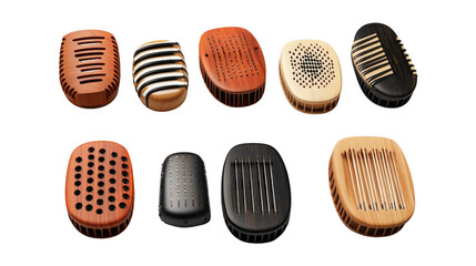 Various handcrafted percussion instruments displayed on a white background showcasing unique designs and colors, cut out