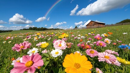 Fototapeta premium Vibrant wildflowers flourish under a colorful rainbow in a serene countryside landscape