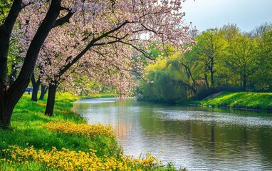 Tranquil riverside with trees in full bloom