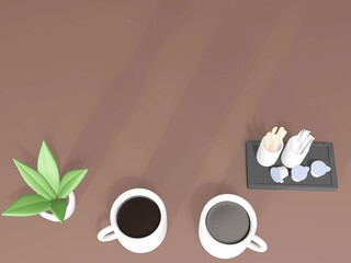 3Dレンダリングのマグカップとおしゃれなカフェの店内