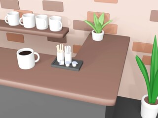3Dレンダリングのマグカップとおしゃれなカフェの店内