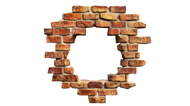 Creative design featuring an empty circular window frame in a rustic brick wall, cut out