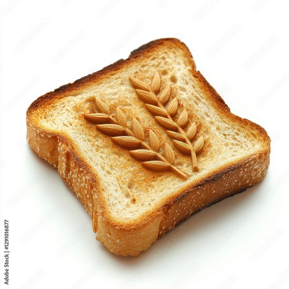 Poster detailed close-up shot of toast bread slice displaying a beautifully carved wheat design on its surf