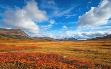 Vast tundra landscape with colorful autumn hues under an open sky