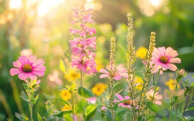 Obraz premium Vibrant pink and yellow flowers glowing in morning sunlight