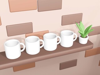 3Dレンダリングのマグカップとおしゃれなカフェの店内