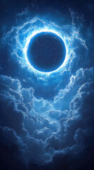 Circular ring of light with a soft glow, positioned in a blue sky above a layer of cumulus clouds.