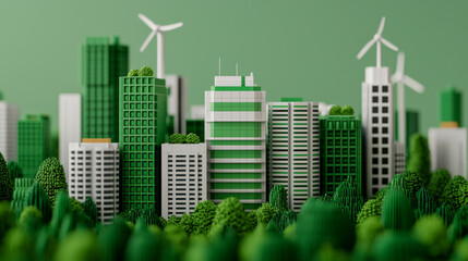 Sustainable cityscape with green buildings and wind turbines