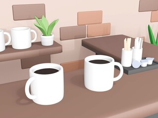 3Dレンダリングのマグカップとおしゃれなカフェの店内