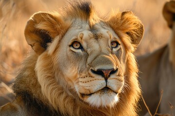 A lion taking a break in a lush meadow, perfect for wildlife or nature photography
