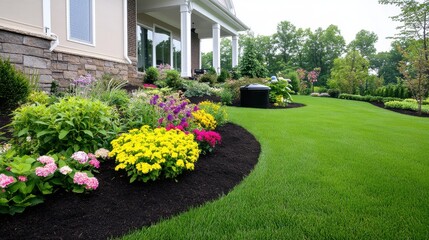 Serene garden filled with vibrant flowers and lush greenery in a tranquil outdoor space