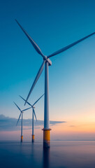 Wind turbines in ocean at sunset, showcasing renewable energy technology
