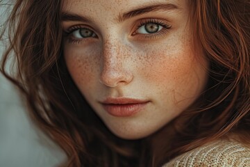 A close-up shot of a woman's face with freckles, suitable for use in personal or professional projects that require a warm and approachable tone