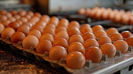 Neatly arranged brown eggs in trays inside a chicken farm illuminated by artificial lighting. Modern production facility showcasing organized systems and cleanliness for egg collection...