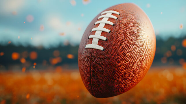 close up of football in mid air against blurred background, evoking excitement