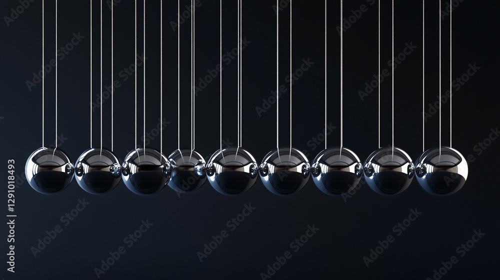 Poster a series of metallic silver newton's cradle balls suspended by strings, symbolizing motion, energy t