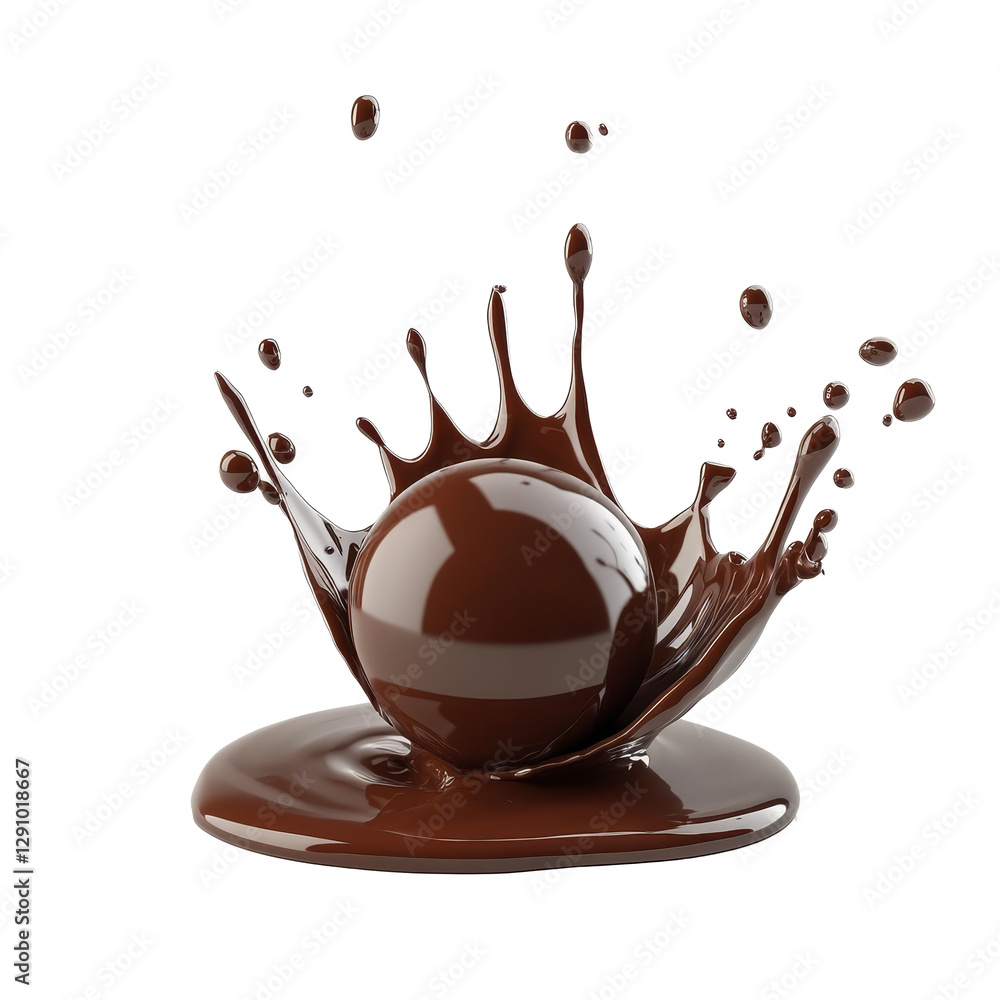 Poster chocolate ball splashes into rich sauce against a clean transparent background creating a delightful