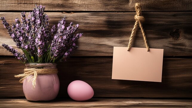 The jar features lavender, pink Easter eggs, and a blank card hanging on a rope as the Easter background, placed in front of a wooden background, suitable for holiday decoration.