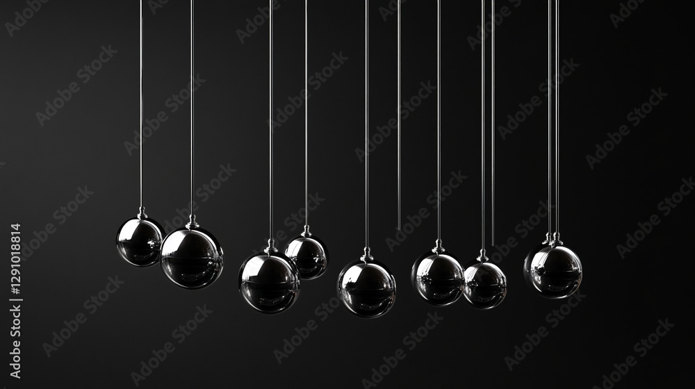 Poster A series of shiny metallic Newton's cradle balls suspended by strings, representing the principles of motion, energy transfer, and the law of cause and effect in a minimalist design.