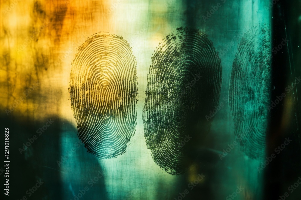 Aufkleber close-up of intricate fingerprints displayed on a semi-transparent surface, illuminated by vibrant c