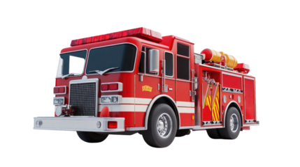 Bright red fire truck with shiny detailing parked in a city setting during daytime for emergency response readiness, cut out
