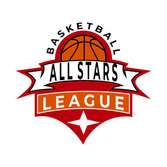 Basketball tournament. Emblem template with basketball ball. Design element for logo, label, sign. Vector illustration.