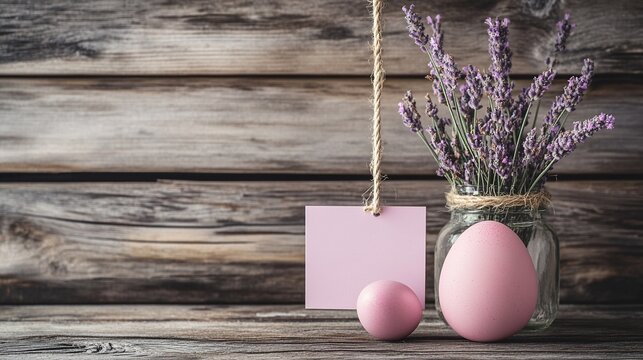 The jar features lavender, pink Easter eggs, and a blank card hanging on a rope as the Easter background, placed in front of a wooden background, suitable for holiday decoration.