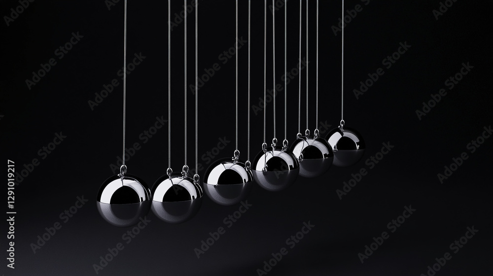 Poster A series of metallic Newton's cradle balls suspended by strings against a dark background, symbolizing motion, balance, and the concept of cause and effect in a minimalist design.