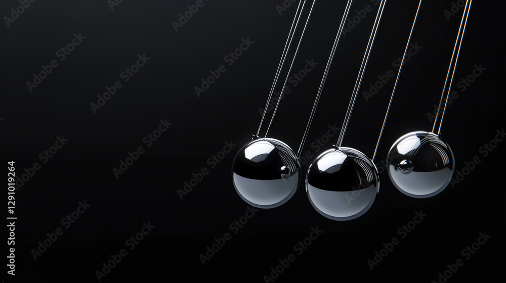 Poster A close-up shot of three metallic Newton's cradle balls suspended in a row, demonstrating the principle of motion, energy transfer, and equilibrium in a minimalistic design.