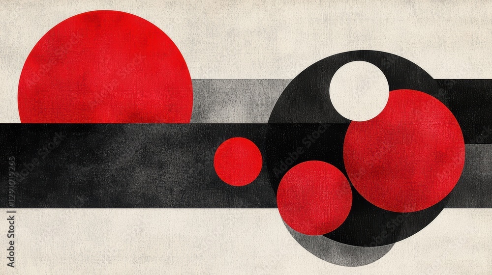 Poster dynamic interplay of red and black in a mesmerizing abstract painting with circular forms textured d