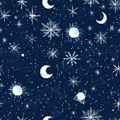 Fototapeta premium Snowflake patterns with celestial constellations and moonlit hues seamless pattern design
