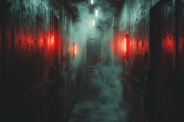 Obraz premium Thick smoke fills a dimly lit hallway with red lights illuminating the walls, creating a chilling atmosphere in an abandoned location during nighttime. Generative AI