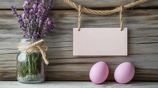 The jar features lavender, pink Easter eggs, and a blank card hanging on a rope as the Easter background, placed in front of a wooden background, suitable for holiday decoration.