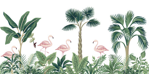 Pink flamingo birds, palm tree, banana tree and tropical plant floral seamless border white background. Exotic jungle wallpaper. © good_mood