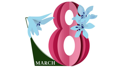 A beautiful 3D paper cut-style number 8 with delicate blue flowers, celebrating International Women's Day on March 8. Perfect for greeting cards, posters, and social media.