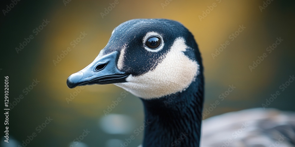 Poster a close-up shot of a duck's face with a blurred background,