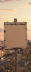 Distressed wooden sign featuring a vintage-inspired cityscape, urban landscapes, urban chic