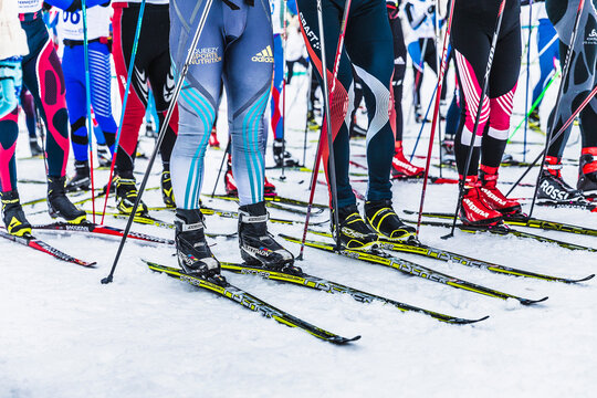 Kyshtym, Russia - March 26, 2016: group skiers line up at starting point of cross-country skiing race