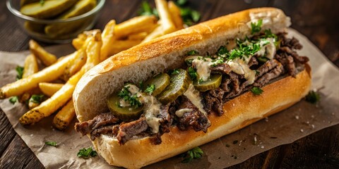 Philly Cheesesteak with French Fries and Pickles on a natural wood background