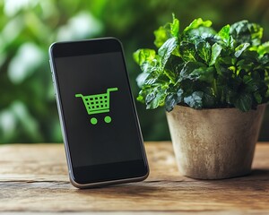 Online plant shopping on smartphone, garden background