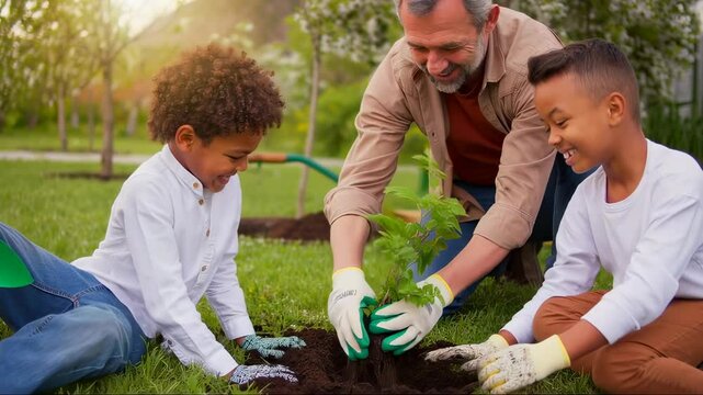 Father and sons planting a small tree in the garden