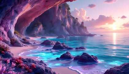 Fototapeta premium Serene Beach Cave Sunset Landscape with Purple Hues