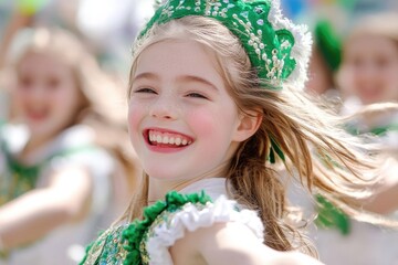 Joyful parade of irish dancers in traditional attire celebrating cultural heritage
