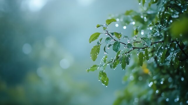Wassertropfen glitzern an feinen Zweigen im Nebel. Die ruhige Stimmung unterstreicht die k&uuml;hle Frische