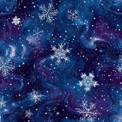 Snowflakes in a cosmic theme with galactic swirls and starry textures seamless pattern design