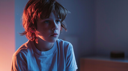Thoughtful boy sitting alone in moody lighting during a quiet evening at home