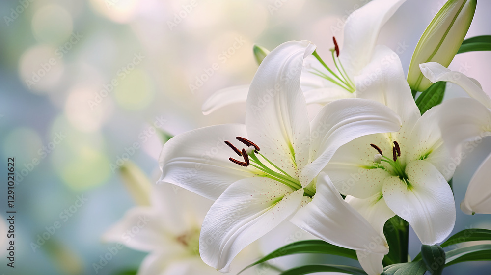 Poster close-up of white lilies with delicate petals and green accents, set against a soft bokeh background