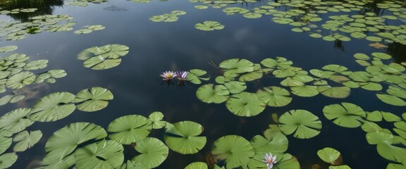 Drone flying over serene lake with lush green lily pads, drone over pond, aquatic life